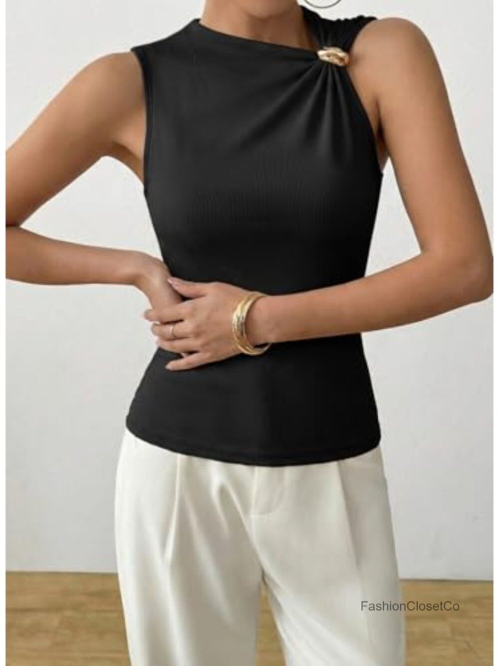 Sleeveless Asymmetric Neck Tank Top Ribbed Slim Fit with Gold Ring Detail - Picture 2 of 6